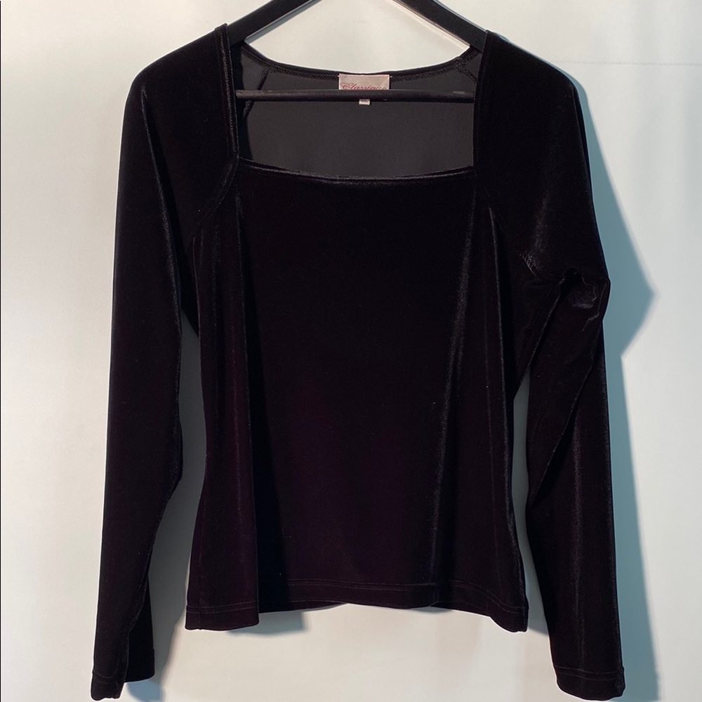 Black Fitted Long Sleeve Velvet Top